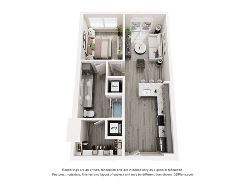 Floor plan for 1 bed, 1 bath, 728 sqft